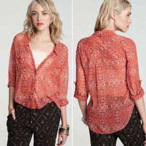 Free People Geometric Easy Rider Chiffon Button Front Hi-Lo Blouse, Size Large
